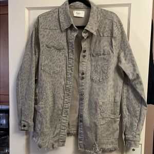 Animal Print Baddie Industrial Grey Distressed Denim Jacket Size Small